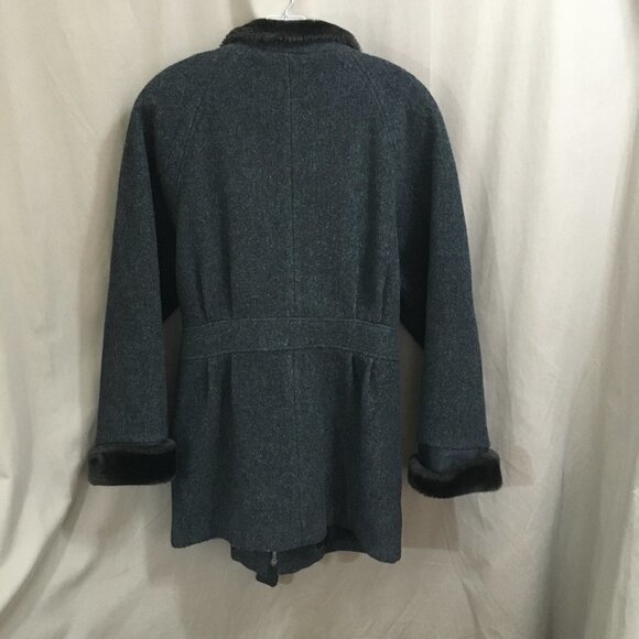 Vintage Y2K Winter Coat Gray Wool Faux Fur Collar Zip Front Belted Size 8 Made U - Picture 4 of 4